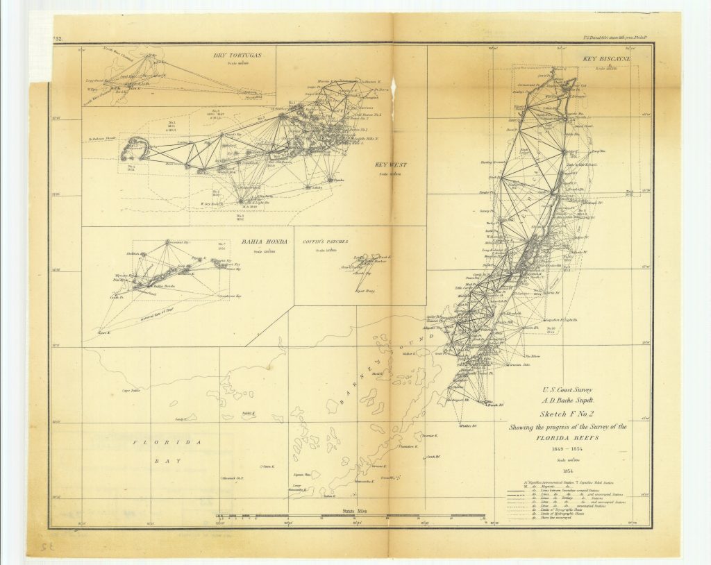 NOAA historical navigation chart of the of the Florida Reefs with Key Biscayne, Key West, Bahia Honda, Coffin's Patches and Dry Tortugas