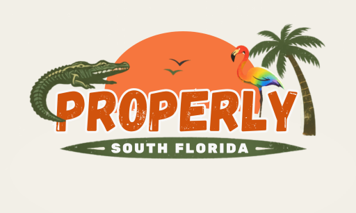 Properly South Florida Logo with sunrise, rainbow flamingo, and alligator around "Properly South Florida"